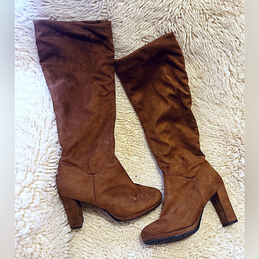 le chateau Tall Brown Suede Over-the-Knee Block Heel Boots
